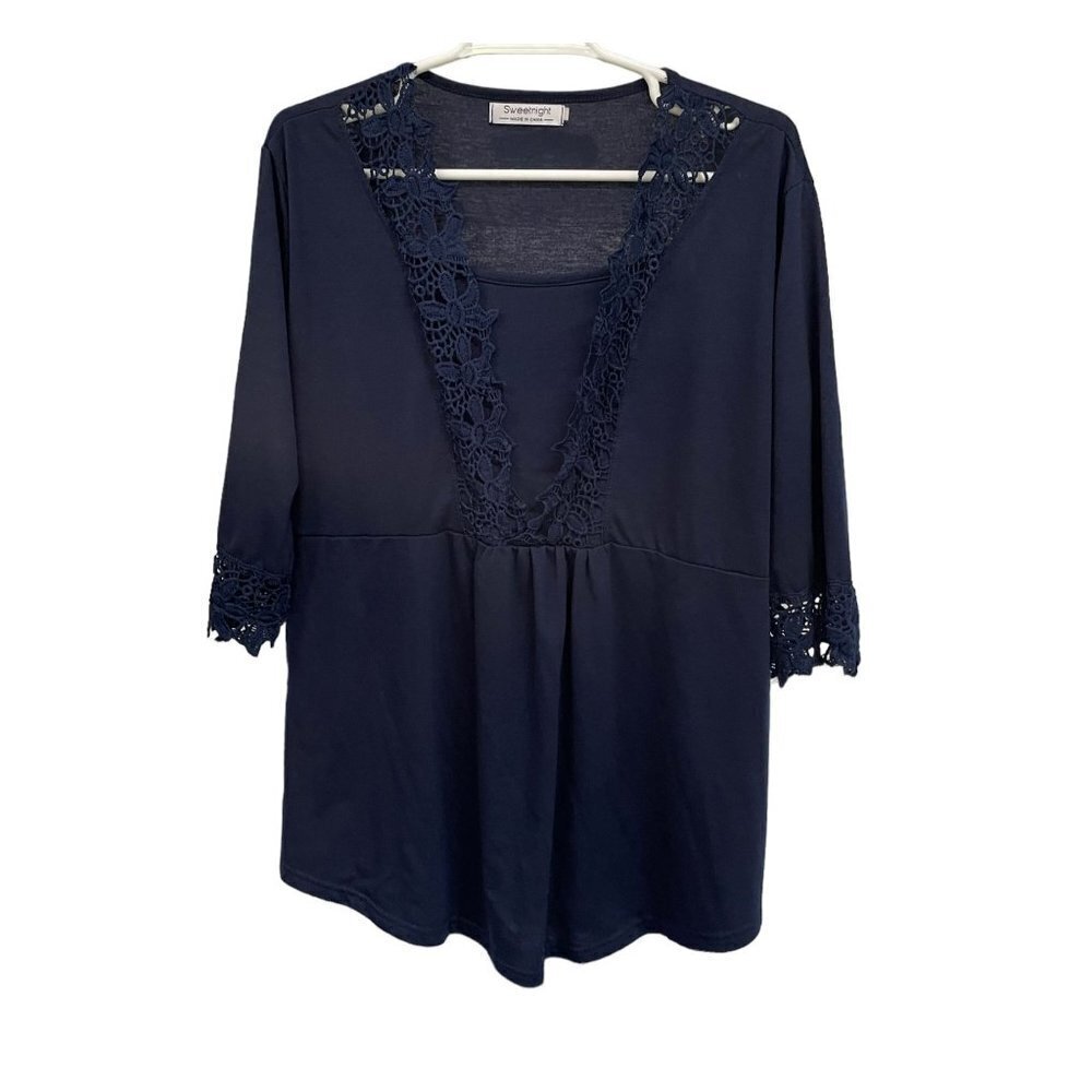 Sweetnight Top Shirt Navy Blue Crochet‎ Trim Size XL